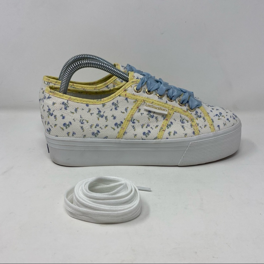 SuperGa LoveShackFancy Platform Sneakers Size 9 Floral Yellow Blue Ribbon Laces